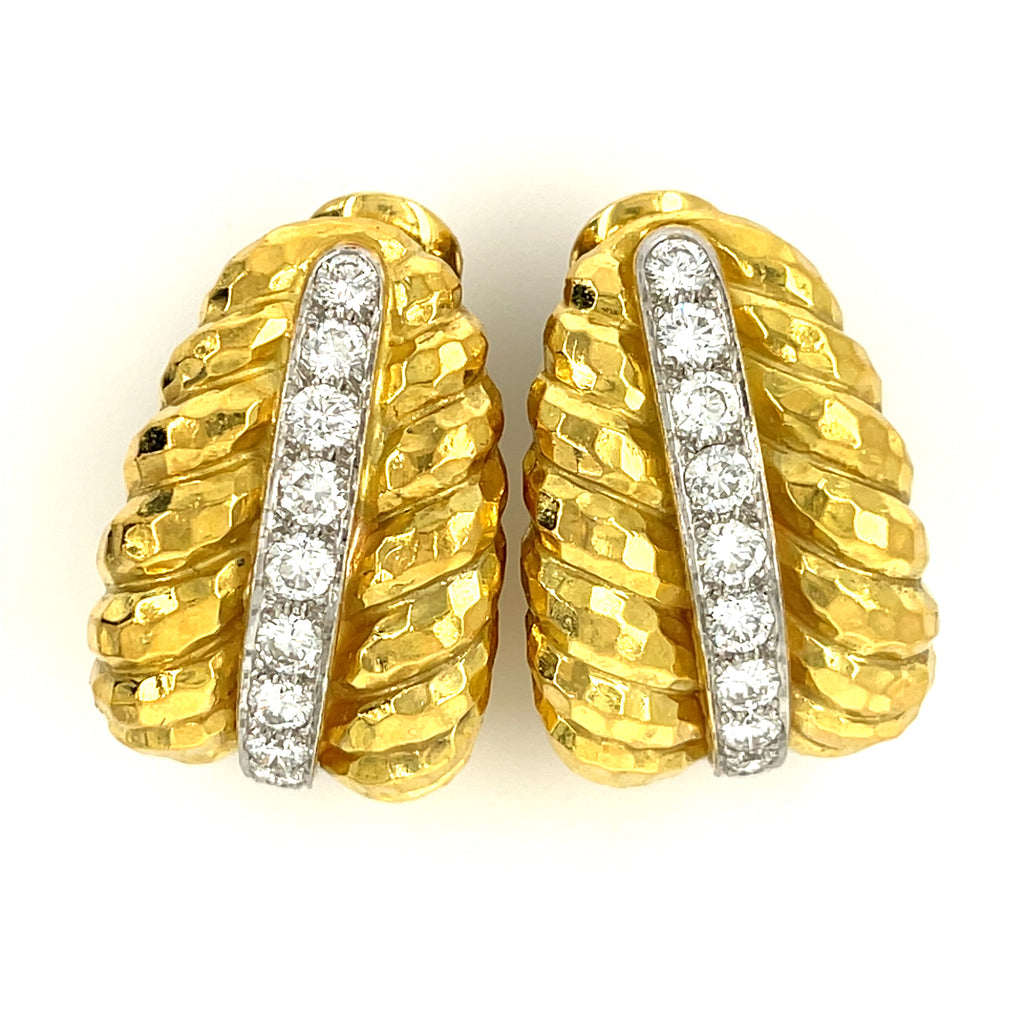 David Webb 18k Yellow Gold and Platinum Diamond Clip Earrings 2.05 cts