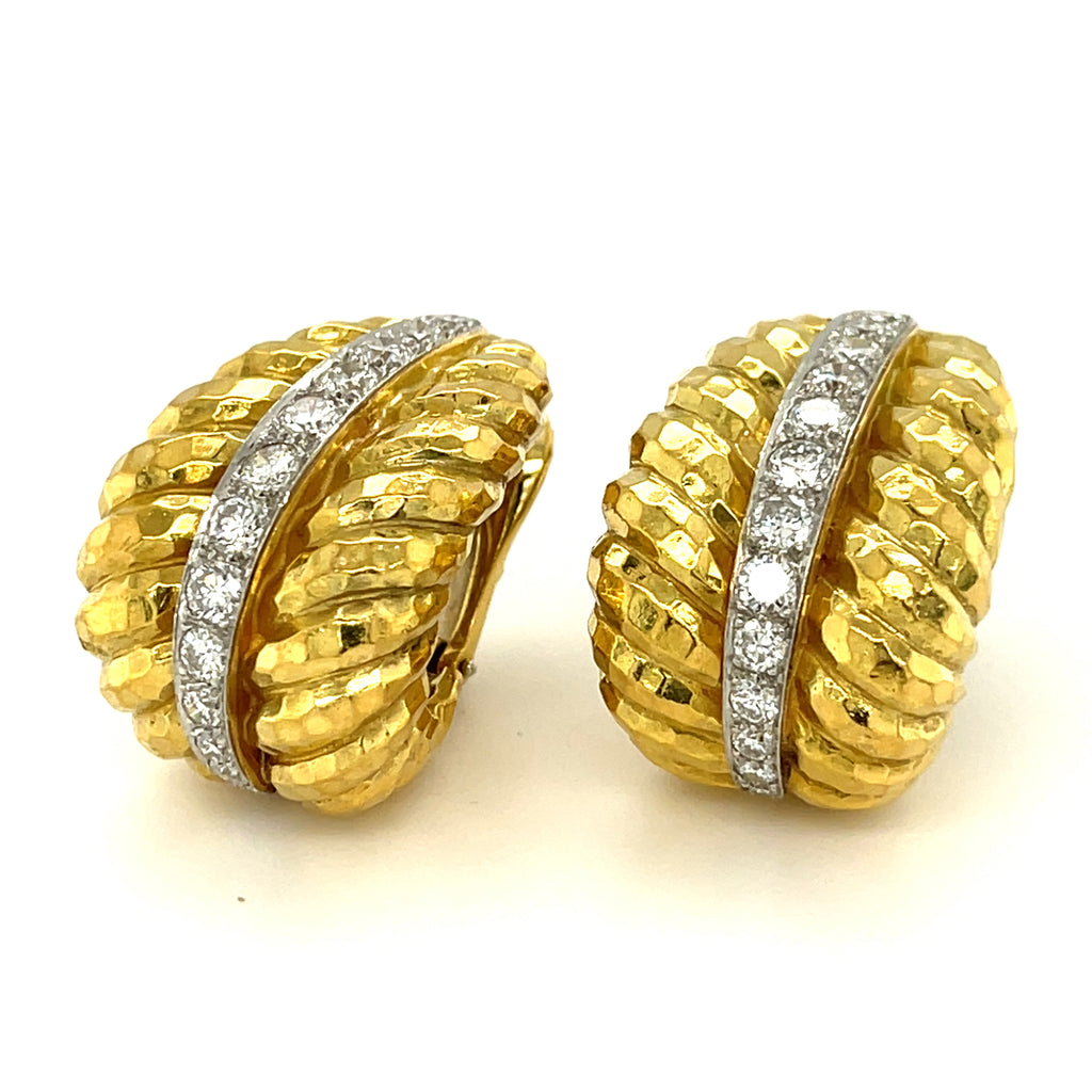 David Webb 18k Yellow Gold and Platinum Diamond Clip Earrings 2.05 cts