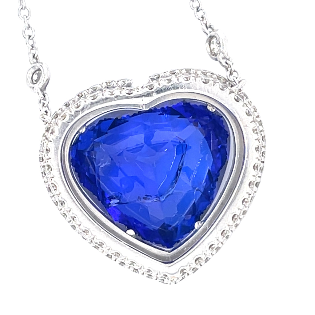 Heart Shaped Tanzanite 17.63 ct Diamond Necklace in 18k White Gold w/ GIA Cert