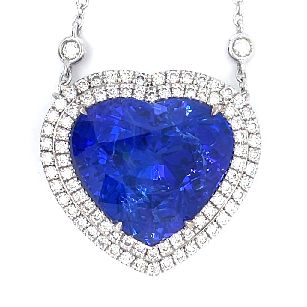 Heart Shaped Tanzanite 17.63 ct Diamond Necklace in 18k White Gold w/ GIA Cert