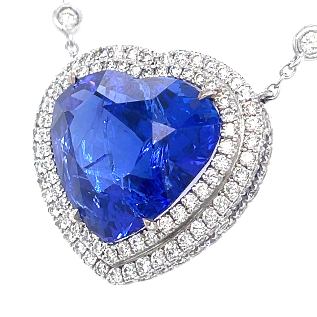 Heart Shaped Tanzanite 17.63 ct Diamond Necklace in 18k White Gold w/ GIA Cert