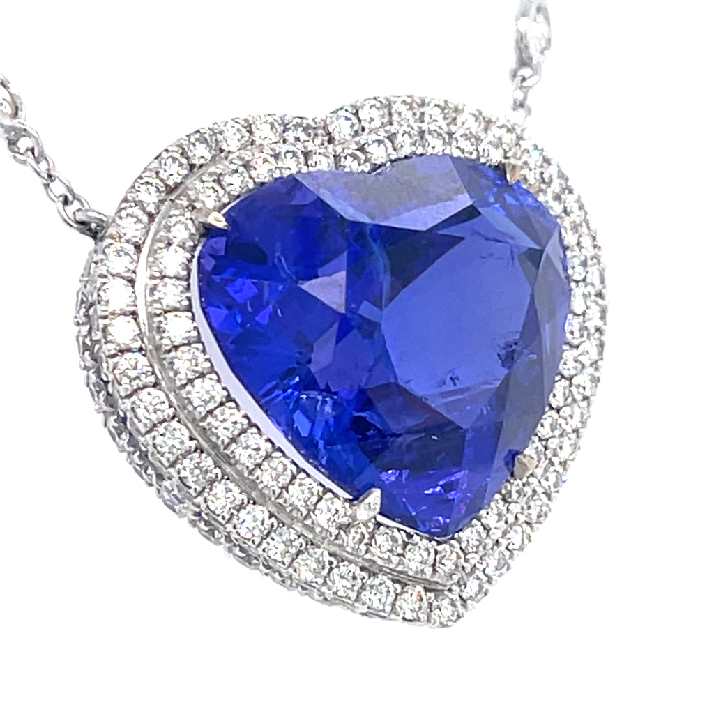 Heart Shaped Tanzanite 17.63 ct Diamond Necklace in 18k White Gold w/ GIA Cert