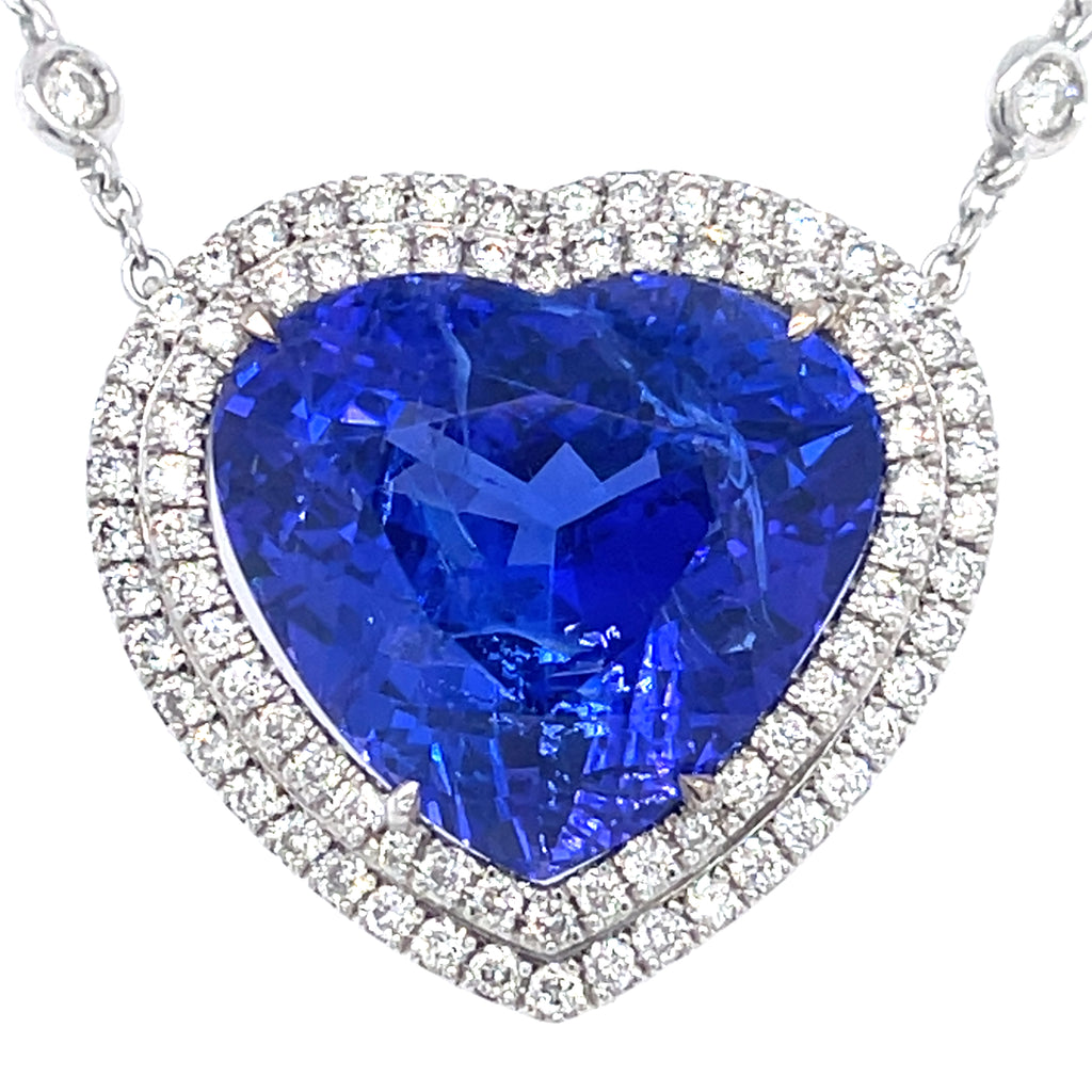 Heart Shaped Tanzanite 17.63 ct Diamond Necklace in 18k White Gold w/ GIA Cert