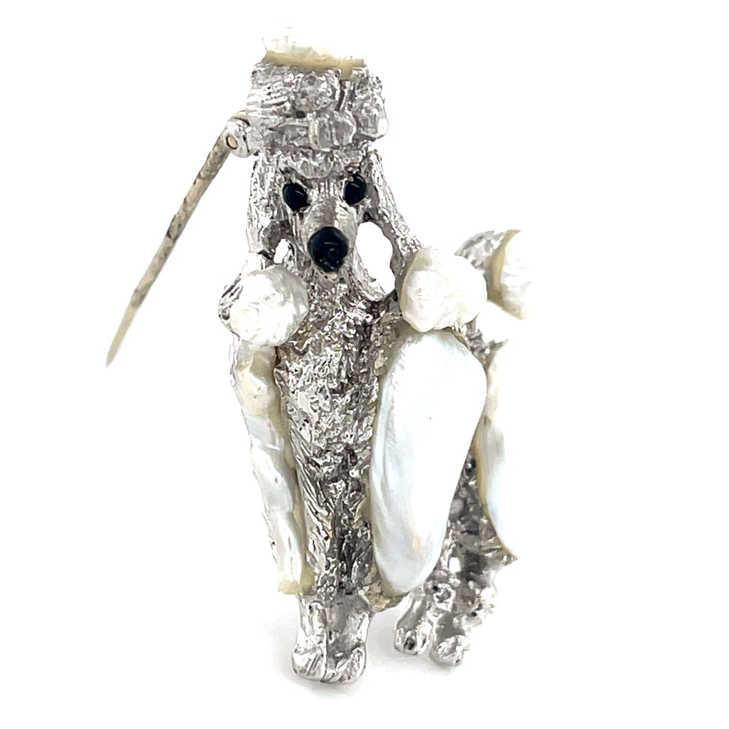 Ruser Vintage 18k White Gold Poodle Brooch Featuring Freshwater Pearl & Onyx