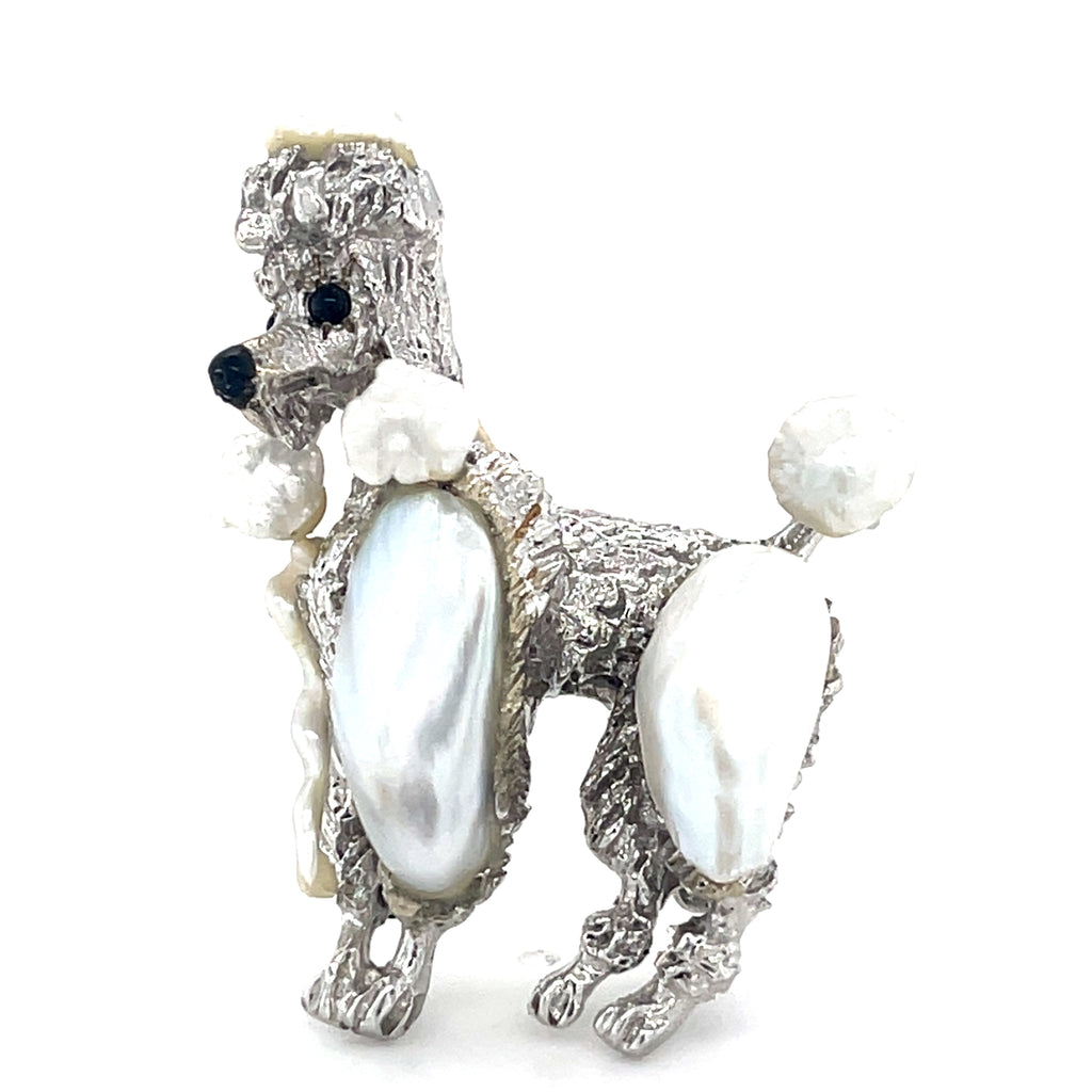 Ruser Vintage 18k White Gold Poodle Brooch Featuring Freshwater Pearl & Onyx