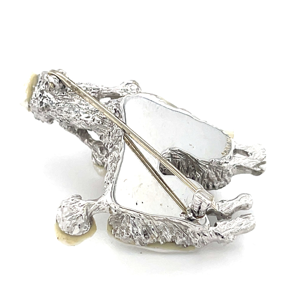 Ruser Vintage 18k White Gold Poodle Brooch Featuring Freshwater Pearl & Onyx