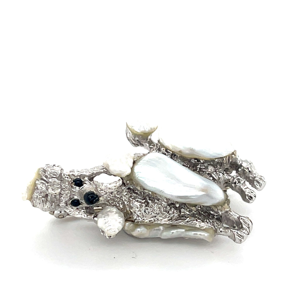 Ruser Vintage 18k White Gold Poodle Brooch Featuring Freshwater Pearl & Onyx