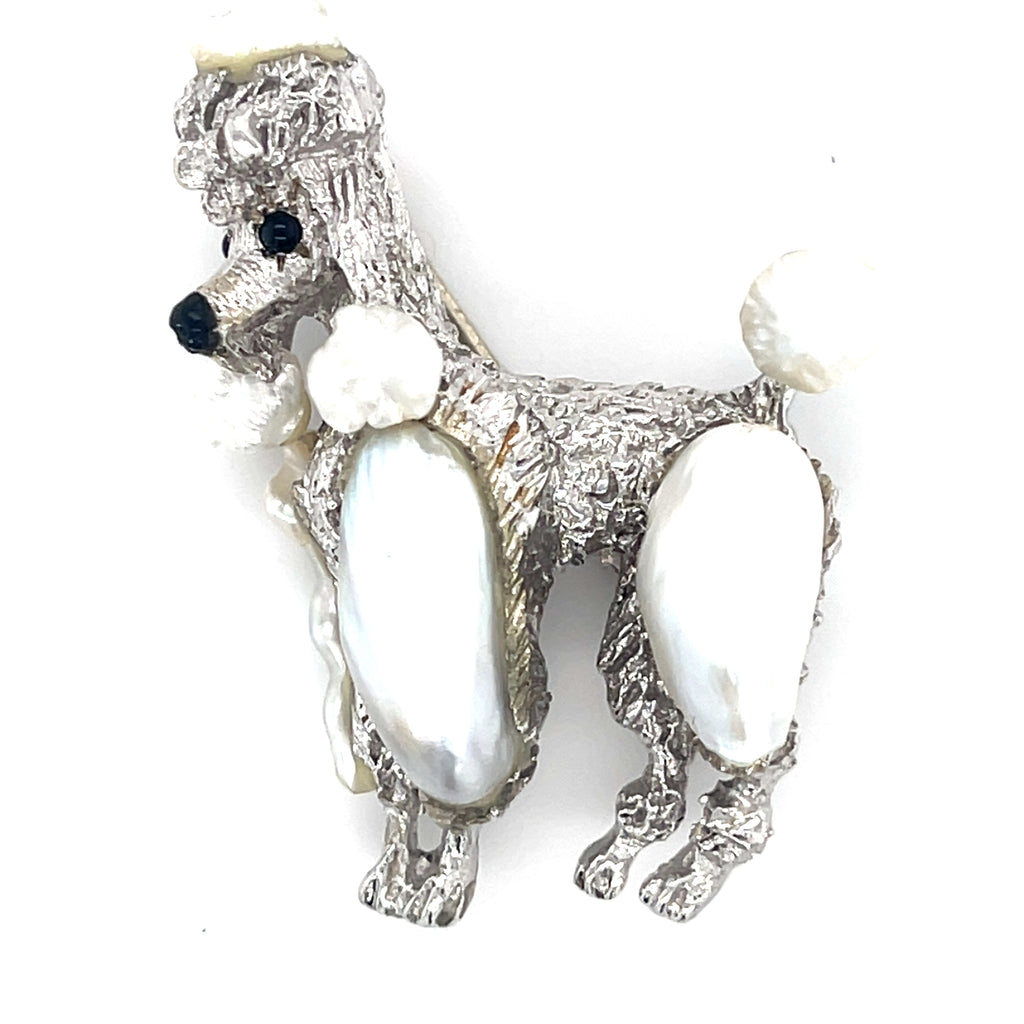 Ruser Vintage 18k White Gold Poodle Brooch Featuring Freshwater Pearl & Onyx