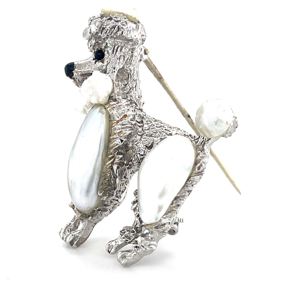 Ruser Vintage 18k White Gold Poodle Brooch Featuring Freshwater Pearl & Onyx