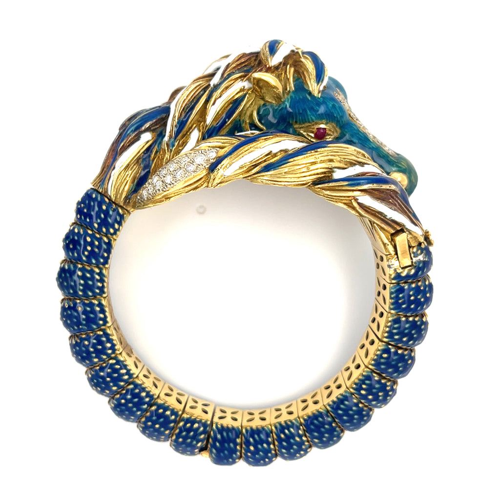 Frascarolo 18k Yellow Gold Diamond, Ruby, and Enamel Horse Bangle 1960s