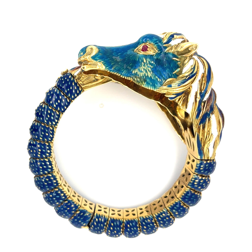 Frascarolo 18k Yellow Gold Diamond, Ruby, and Enamel Horse Bangle 1960s