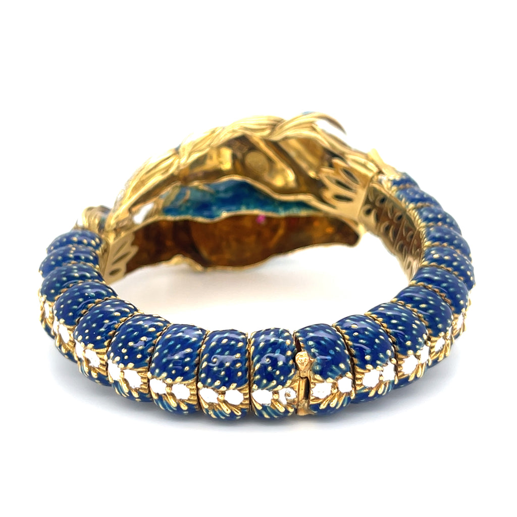 Frascarolo 18k Yellow Gold Diamond, Ruby, and Enamel Horse Bangle 1960s