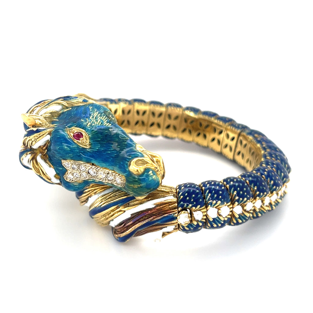 Frascarolo 18k Yellow Gold Diamond, Ruby, and Enamel Horse Bangle 1960s