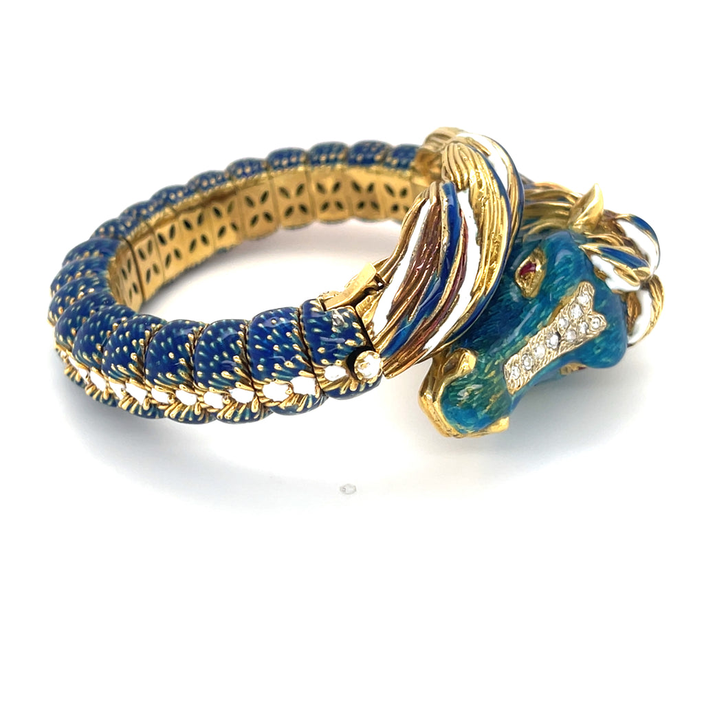 Frascarolo 18k Yellow Gold Diamond, Ruby, and Enamel Horse Bangle 1960s