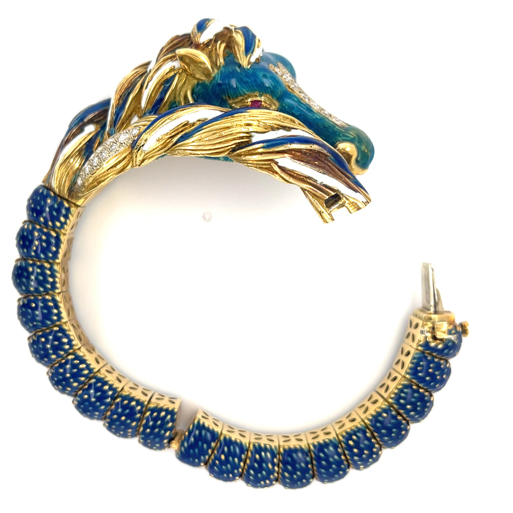 Frascarolo 18k Yellow Gold Diamond, Ruby, and Enamel Horse Bangle 1960s