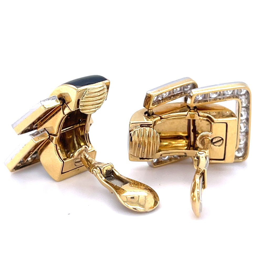 David Webb Platinum & 18k Yellow Gold Onyx Diamond Doorknocker "Strap" Earrings