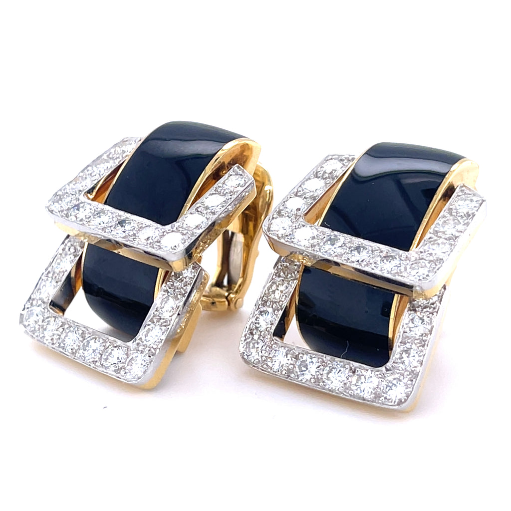 David Webb Platinum & 18k Yellow Gold Onyx Diamond Doorknocker "Strap" Earrings