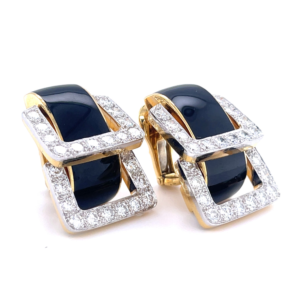 David Webb Platinum & 18k Yellow Gold Onyx Diamond Doorknocker "Strap" Earrings