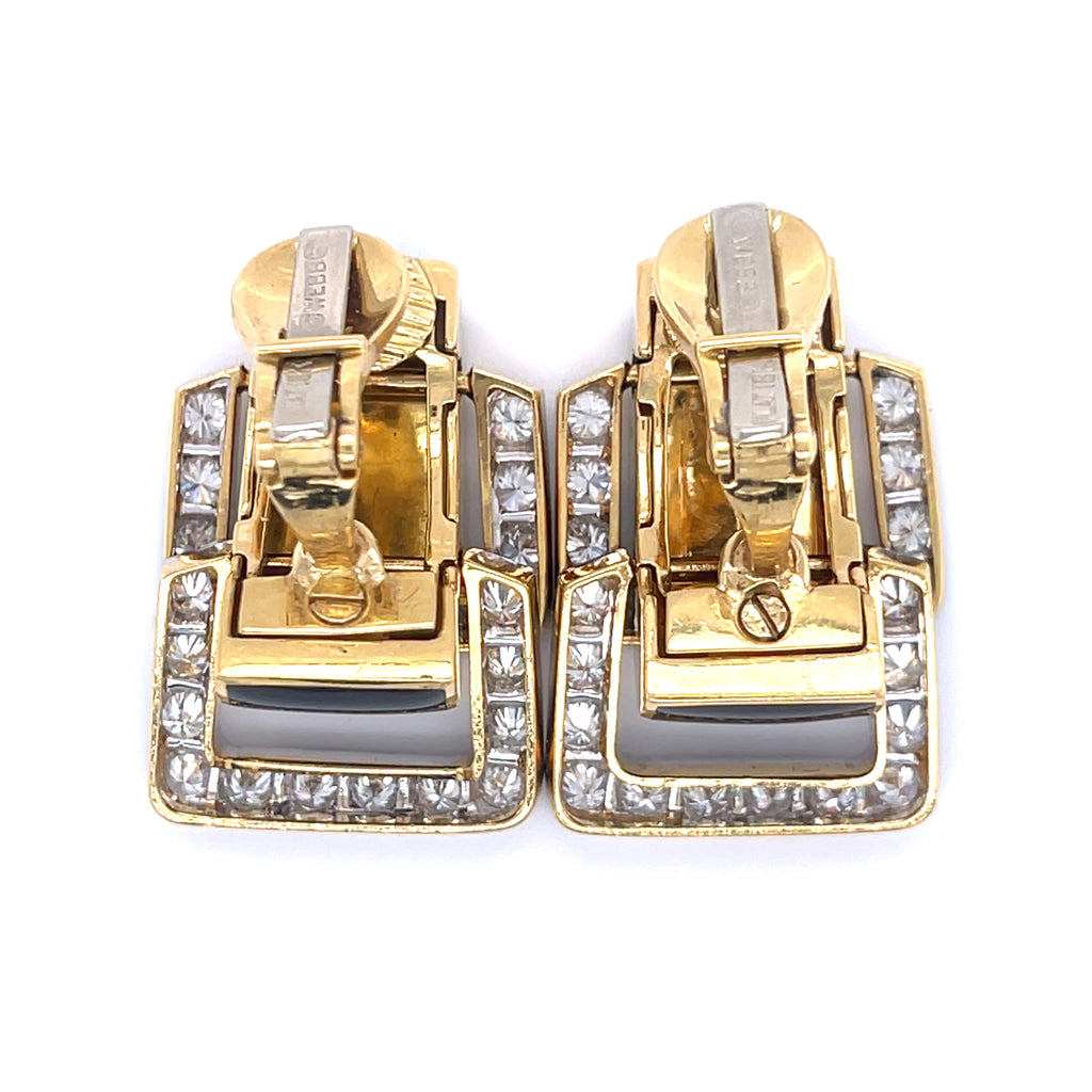 David Webb Platinum & 18k Yellow Gold Onyx Diamond Doorknocker "Strap" Earrings