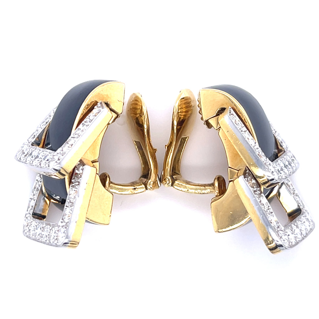 David Webb Platinum & 18k Yellow Gold Onyx Diamond Doorknocker "Strap" Earrings