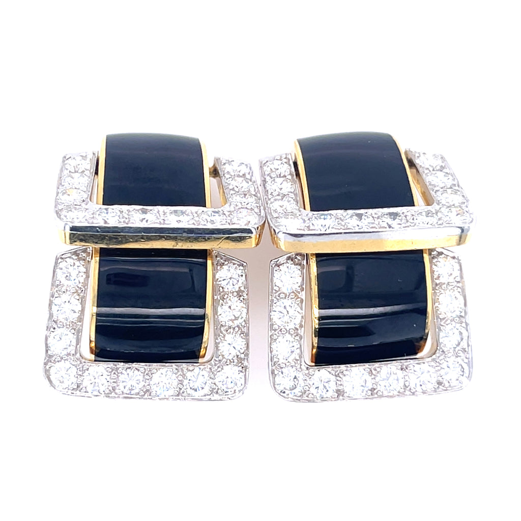 David Webb Platinum & 18k Yellow Gold Onyx Diamond Doorknocker "Strap" Earrings
