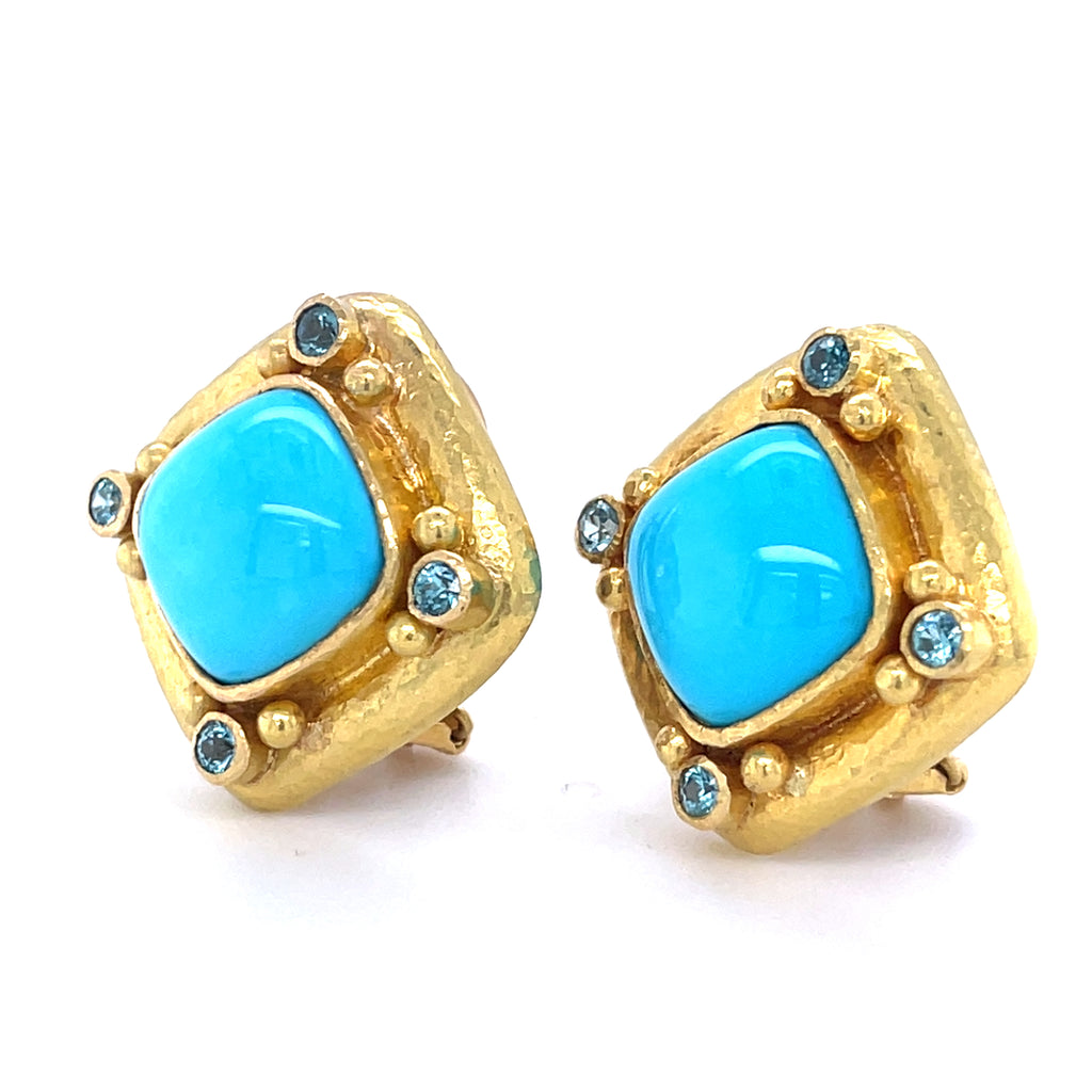 Elizabeth Locke 19k Yellow Gold Turquoise and Topaz Ear Clips Retractable Posts