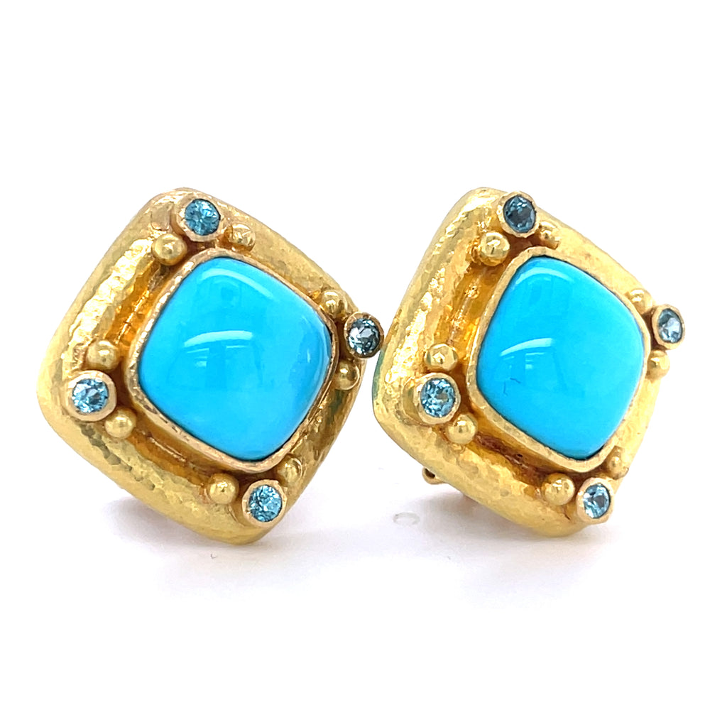 Elizabeth Locke 19k Yellow Gold Turquoise and Topaz Ear Clips Retractable Posts