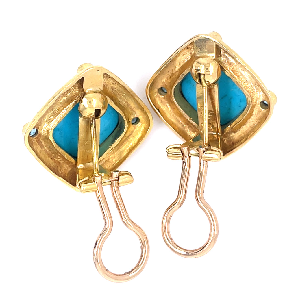 Elizabeth Locke 19k Yellow Gold Turquoise and Topaz Ear Clips Retractable Posts