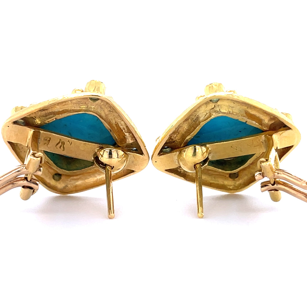 Elizabeth Locke 19k Yellow Gold Turquoise and Topaz Ear Clips Retractable Posts