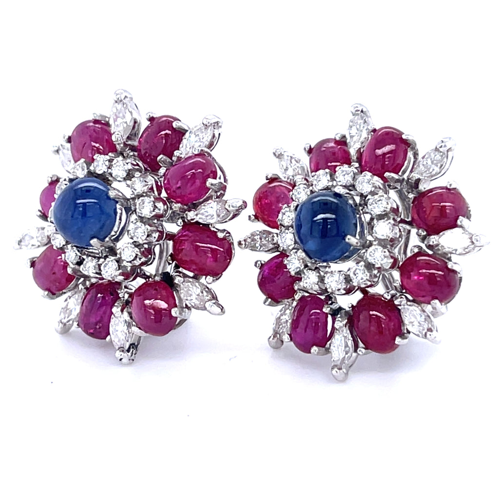 Gorgeous 18k White Gold Sapphire, Ruby, and Diamond Ear Clips Petochi Roma