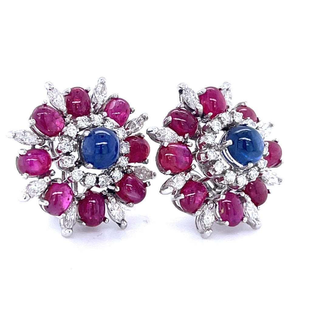 Gorgeous 18k White Gold Sapphire, Ruby, and Diamond Ear Clips Petochi Roma