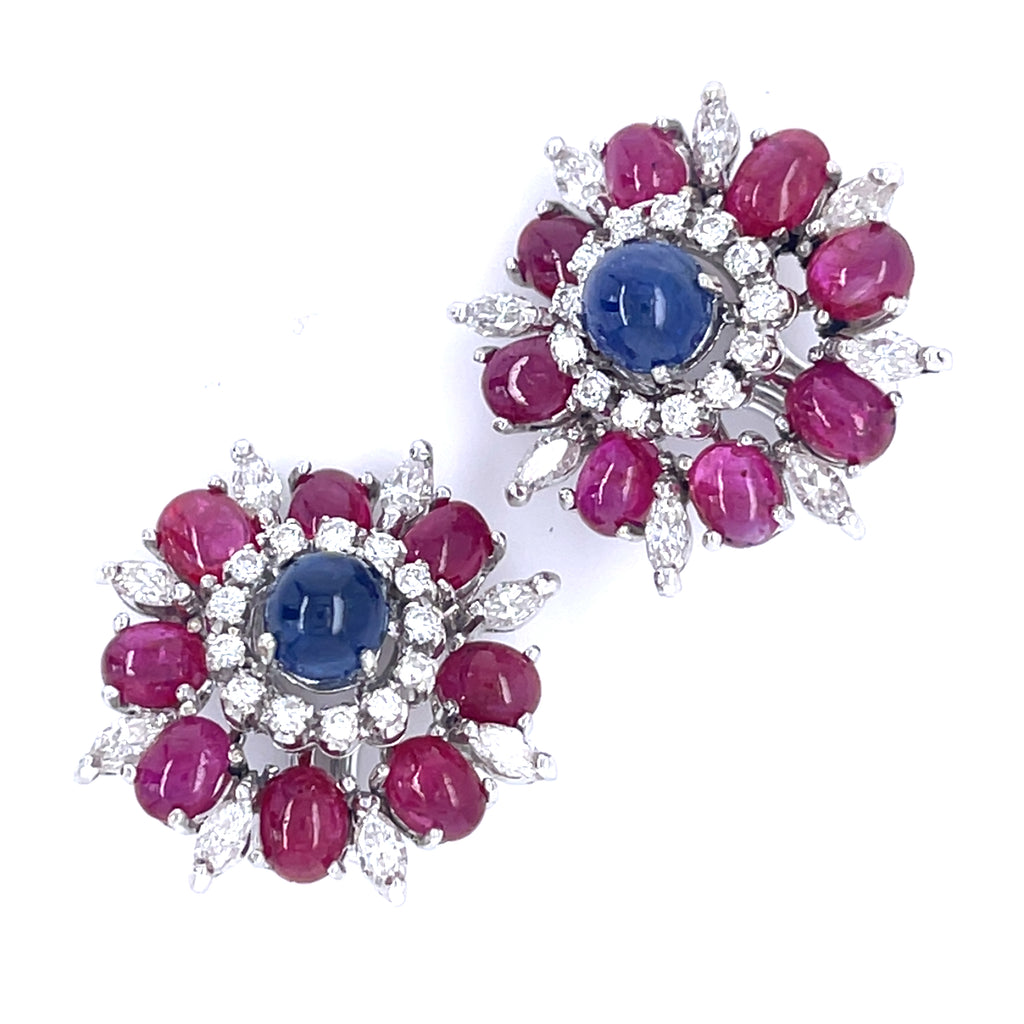 Gorgeous 18k White Gold Sapphire, Ruby, and Diamond Ear Clips Petochi Roma