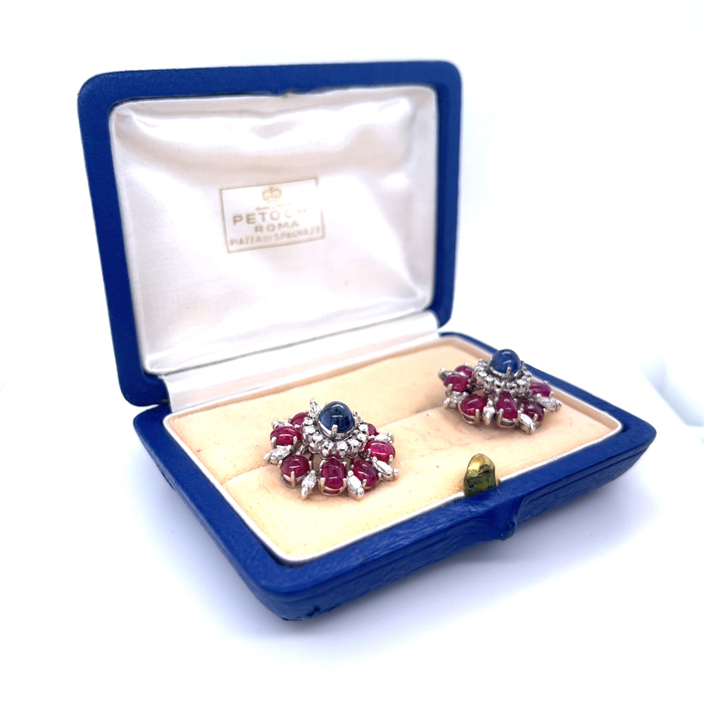 Gorgeous 18k White Gold Sapphire, Ruby, and Diamond Ear Clips Petochi Roma