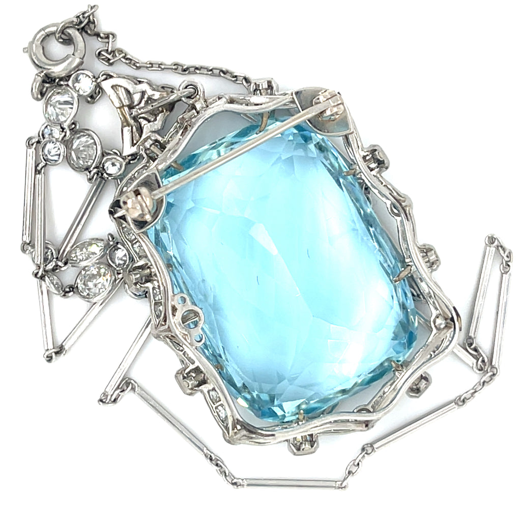 Platinum 60 carat Aquamarine Pendant with 1.15 ct Accent Diamonds and 17" Chain