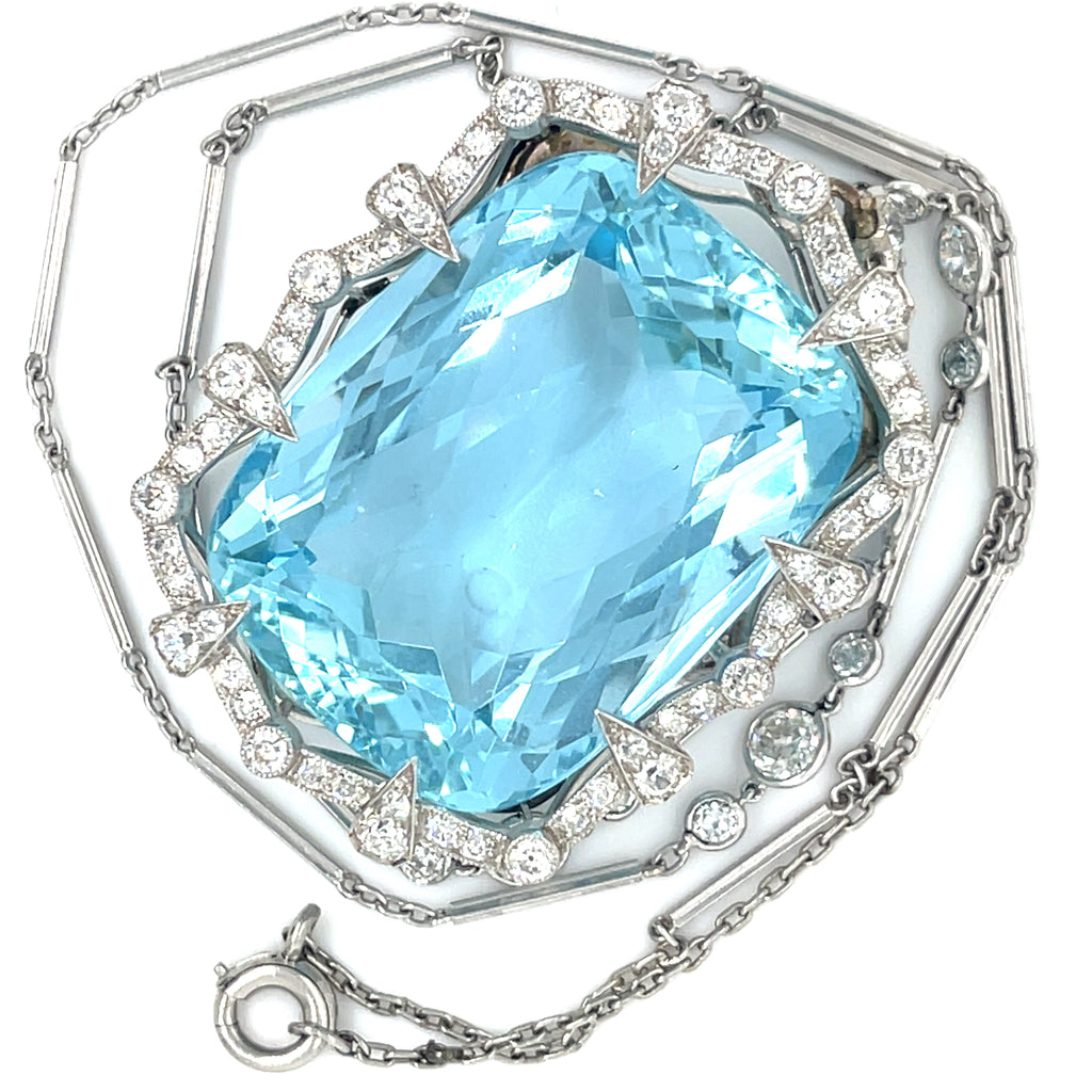 Platinum 60 carat Aquamarine Pendant with 1.15 ct Accent Diamonds and 17" Chain