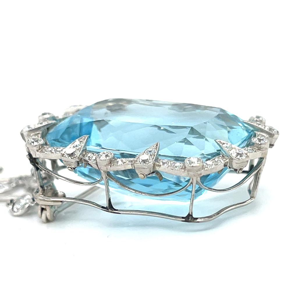 Platinum 60 carat Aquamarine Pendant with 1.15 ct Accent Diamonds and 17" Chain