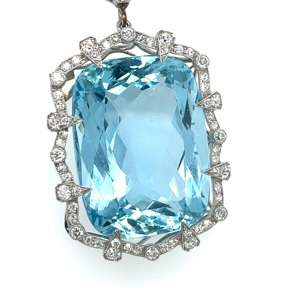 Platinum 60 carat Aquamarine Pendant with 1.15 ct Accent Diamonds and 17" Chain