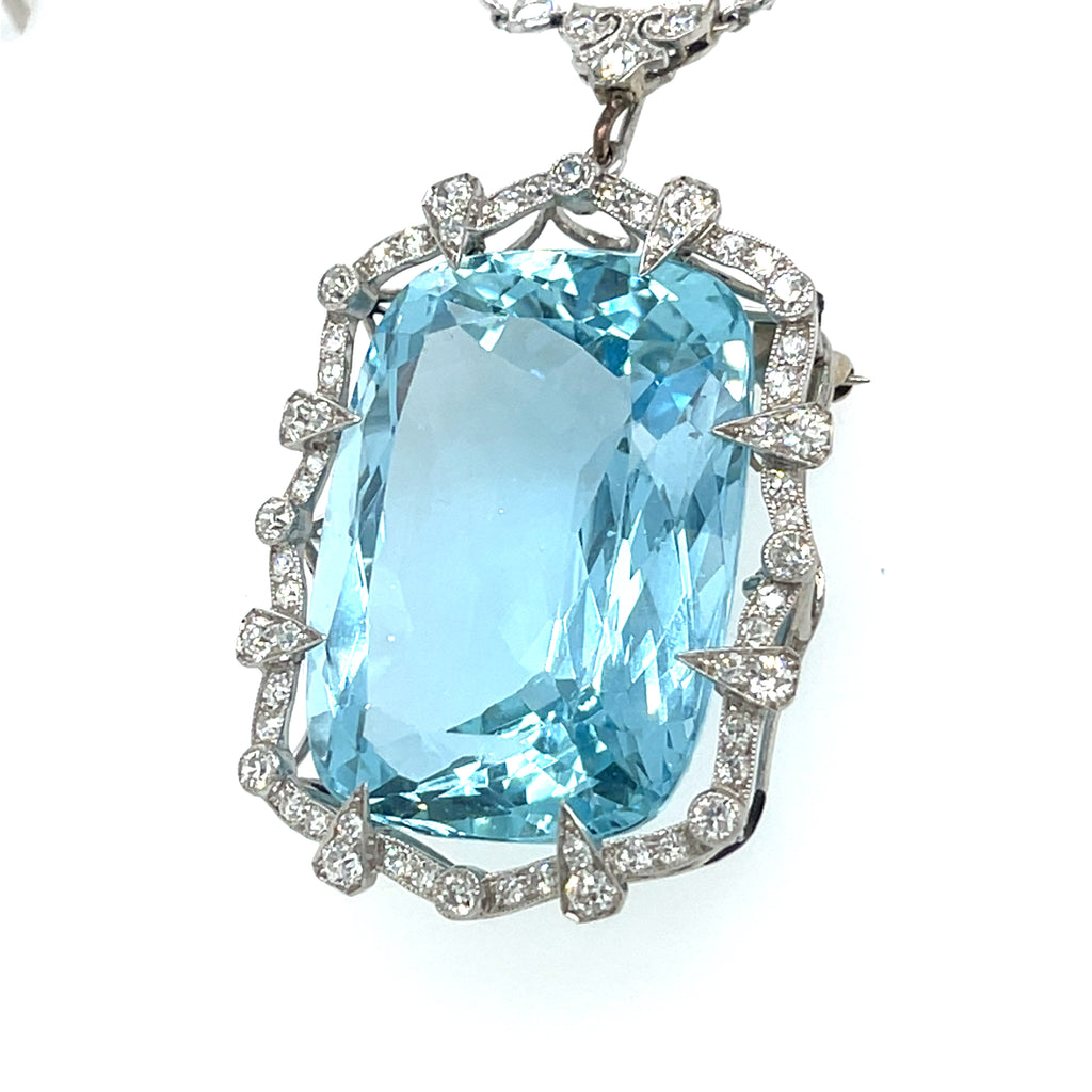 Platinum 60 carat Aquamarine Pendant with 1.15 ct Accent Diamonds and 17" Chain