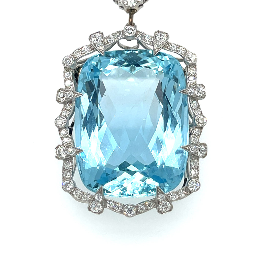 Platinum 60 carat Aquamarine Pendant with 1.15 ct Accent Diamonds and 17" Chain