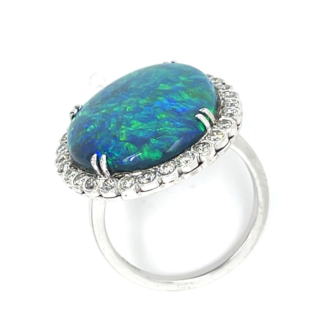 Platinum 7.5 ct Black Opal Cabochon Diamond Ring Size 6.25