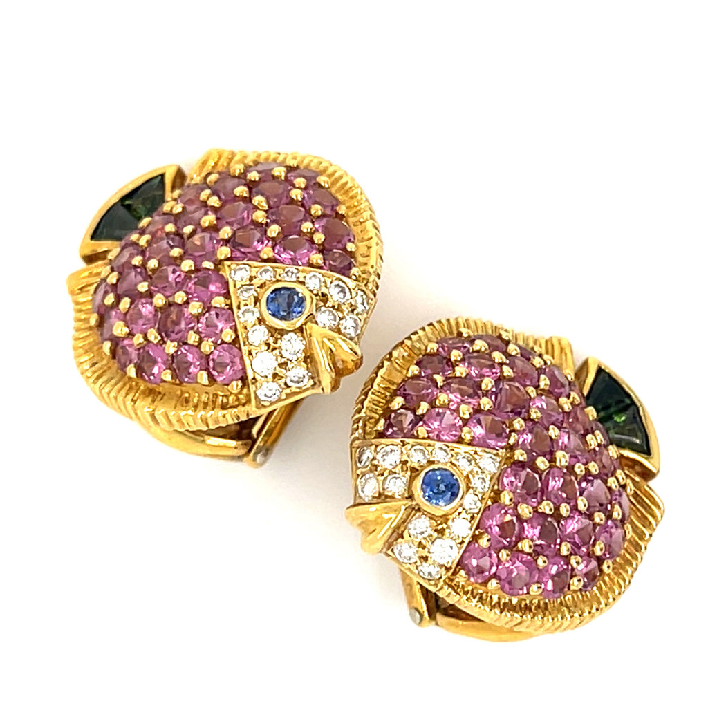 Jean Vitau 18k Yellow Gold Gemstone Fish Ear Clips Gorgeous!