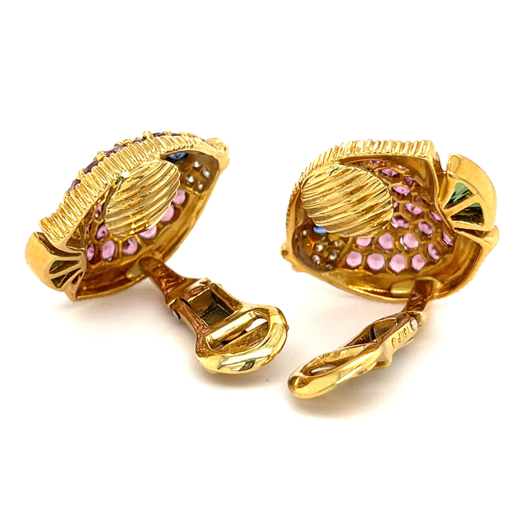Jean Vitau 18k Yellow Gold Gemstone Fish Ear Clips Gorgeous!
