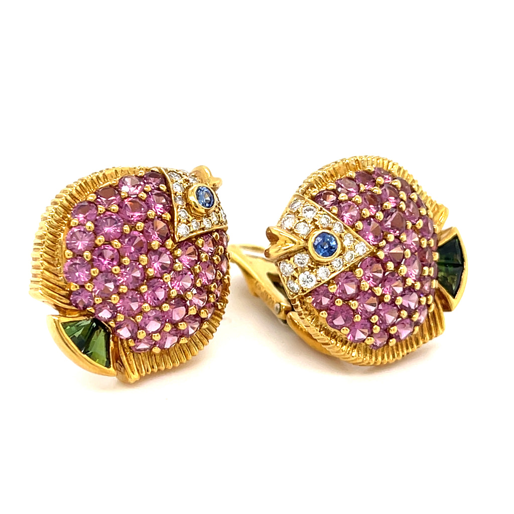 Jean Vitau 18k Yellow Gold Gemstone Fish Ear Clips Gorgeous!