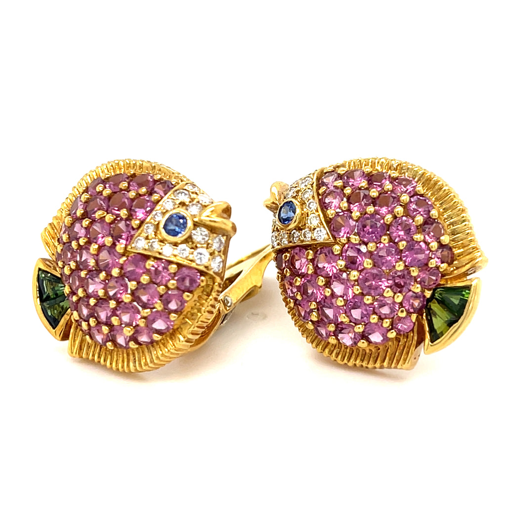 Jean Vitau 18k Yellow Gold Gemstone Fish Ear Clips Gorgeous!