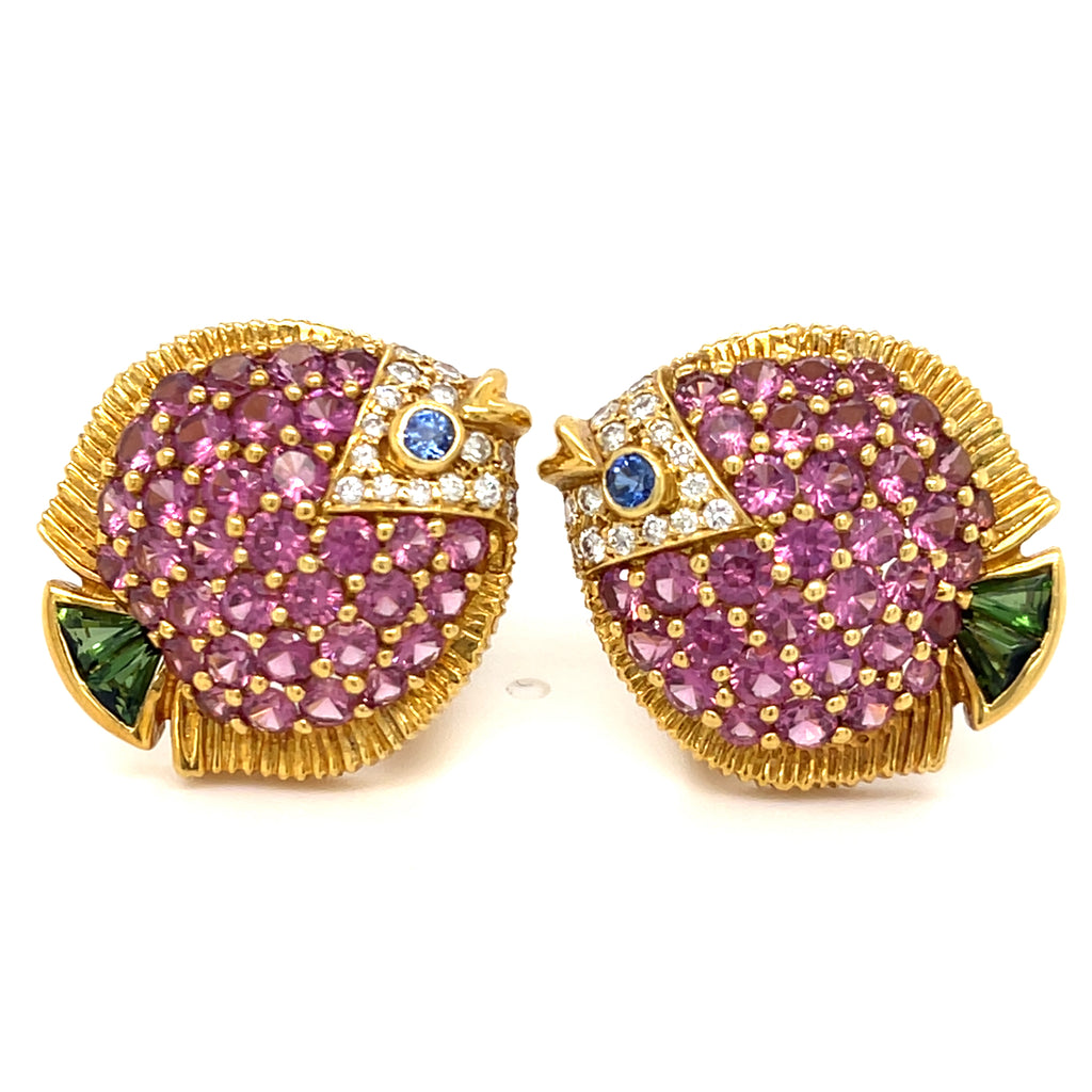 Jean Vitau 18k Yellow Gold Gemstone Fish Ear Clips Gorgeous!