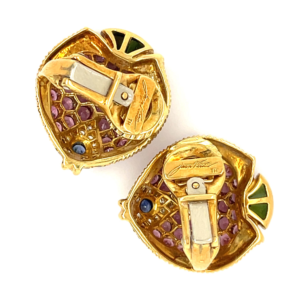 Jean Vitau 18k Yellow Gold Gemstone Fish Ear Clips Gorgeous!