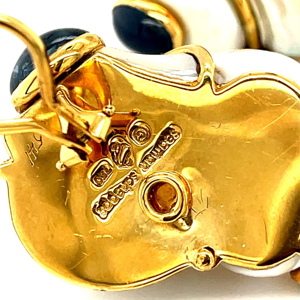 18k Yellow Gold Turbo Shell Earrings W/Sapphire Cabochons by Seaman Schepps