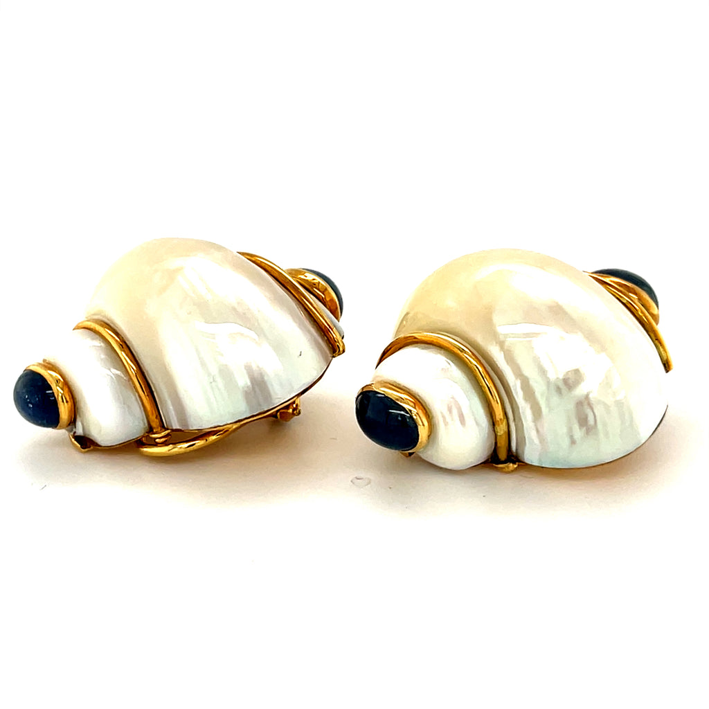 18k Yellow Gold Turbo Shell Earrings W/Sapphire Cabochons by Seaman Schepps