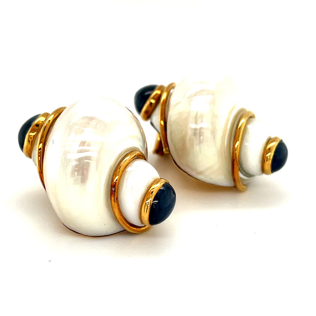 18k Yellow Gold Turbo Shell Earrings W/Sapphire Cabochons by Seaman Schepps