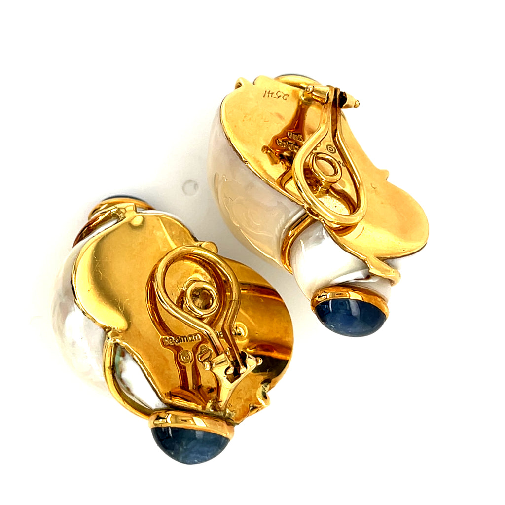 18k Yellow Gold Turbo Shell Earrings W/Sapphire Cabochons by Seaman Schepps